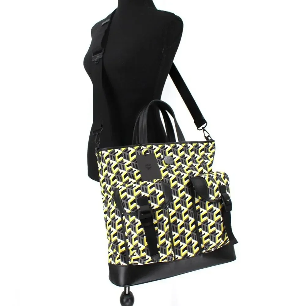 MCM Large Cubic Tote Bag Yellow Monogram Black Leather Trim Shoulder Crossbody